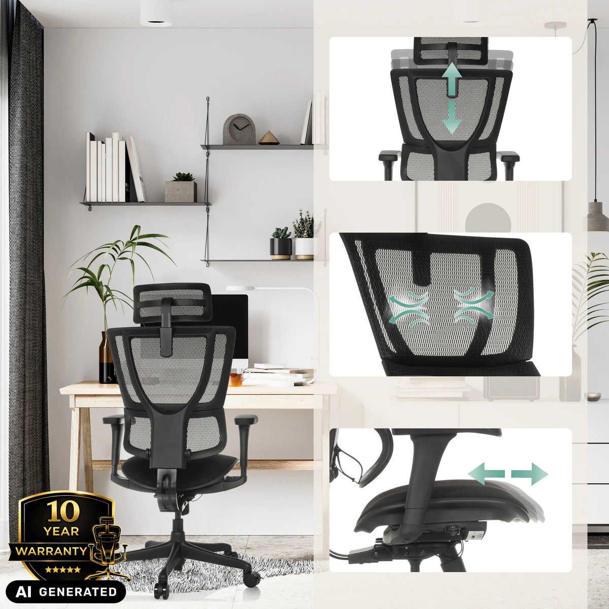 Verstellbare Funktionen des Luxus-Chefsessels ERGOHUMAN SLIM ECO F GEN2 in Schwarz von hjh OFFICE (KI-generiertes Bild)