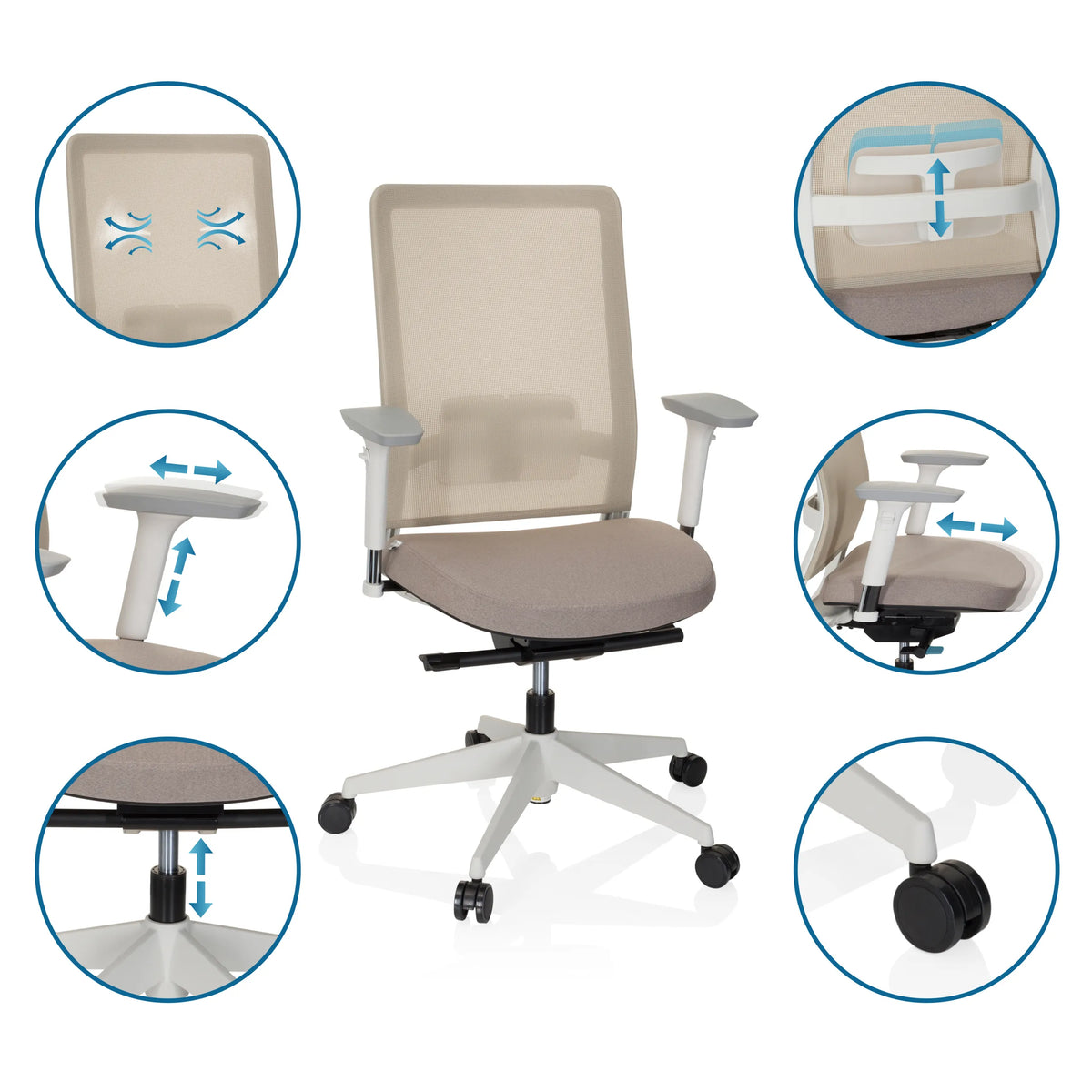 Ammattitason toimistotuoli PURE WHITE-tuolin säädettävät toiminnot, beige, valmistaja hjh OFFICE