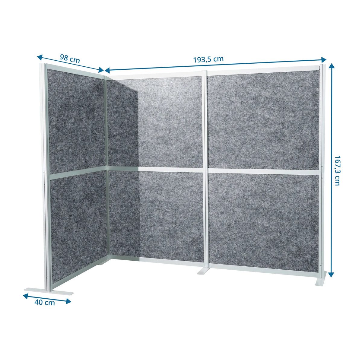 Väliseinä Flexmiut Modul L mittojen piirustus, 193,5 × 167,3 cm harmaa, valmistaja hjh OFFICE