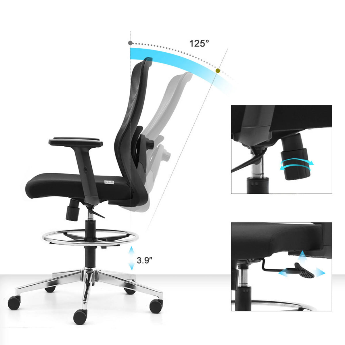 Työtuolin Top Work 44 säädettävä selkänoja 125° asti ja 3,9" korkeussäätö, valmistaja hjh OFFICE