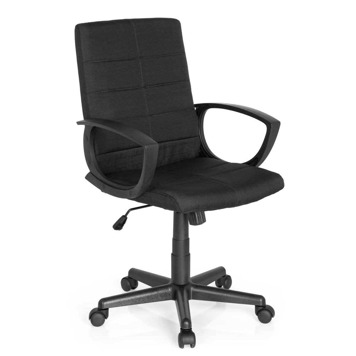 Musta Home Office -toimistotuoli STAR-TEC CL300 käsinojilla ja viisisakaraisella rullajalustalla, valmistaja MyBuero – 360 asteen näkymä (etuviistonäkymä 40°)