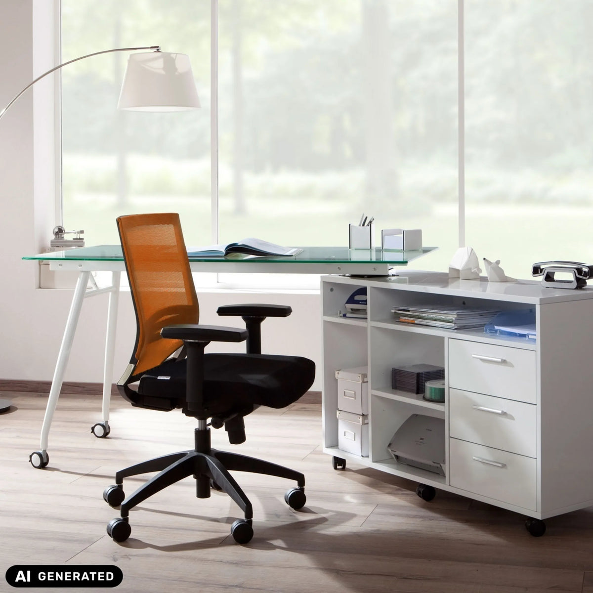 Ammattitason toimistotuoli PORTO BASE väreissä musta ja oranssi, käsinojilla ja pyörillä, valmistaja hjh OFFICE (tekoälyllä luotu kuva)