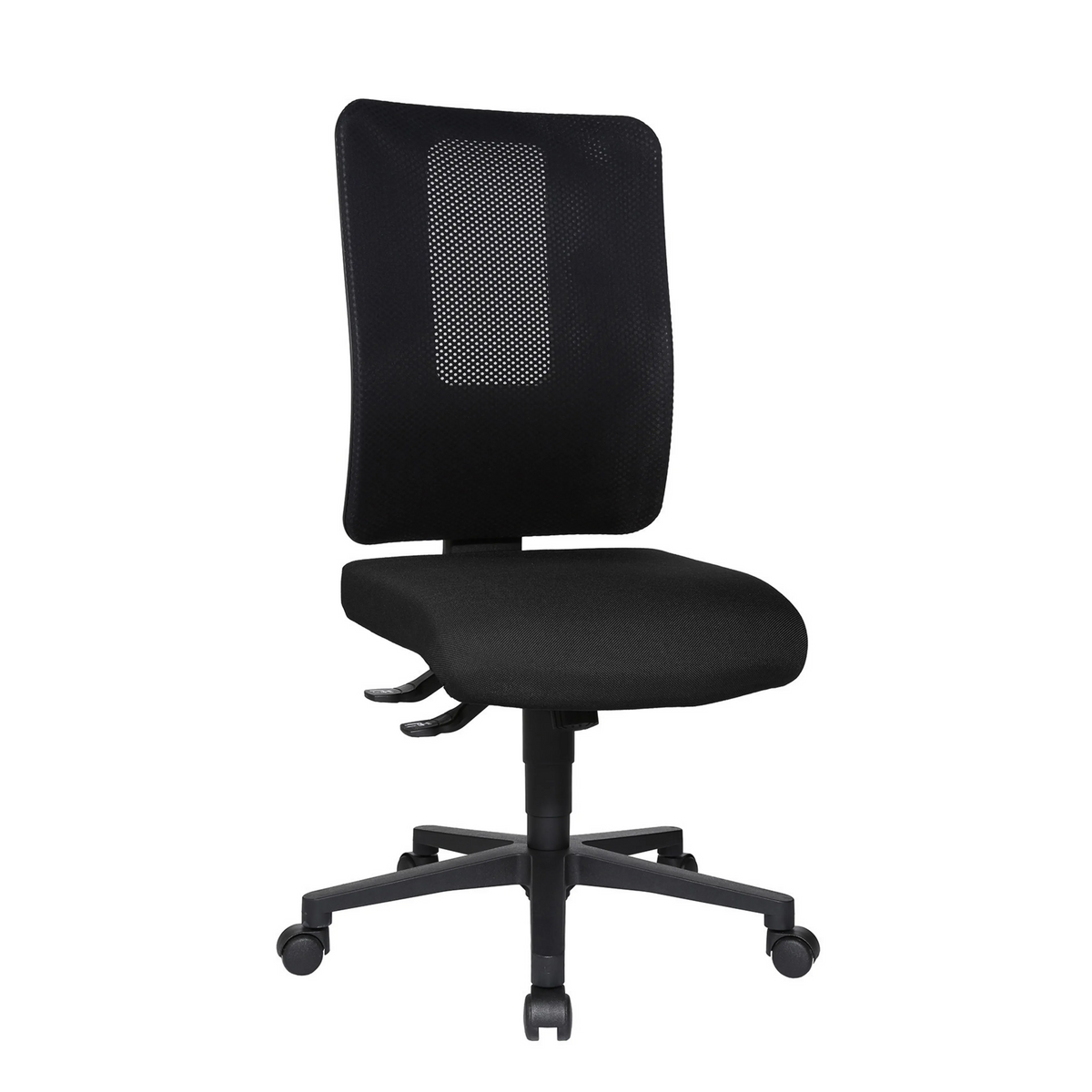 Schwarzer Profi-Bürostuhl HJH WORK BASIC mit Netzrücken und einem Fußkreuz mit fünf Rollen von Topstar – 360-Grad-Ansicht (schräge Frontansicht 60°)