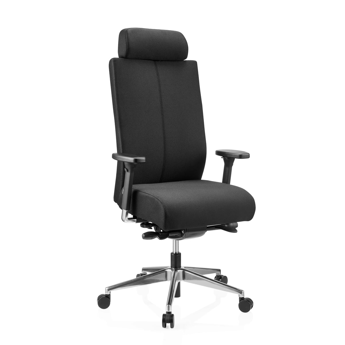 Musta Ammattitason toimistotuoli PRO-TEC XXL kangasverhoilulla, niskatuella ja viisipisteisellä rullajalalla, valmistaja hjh OFFICE – 360 asteen näkymä (etuviistonäkymä 30°)