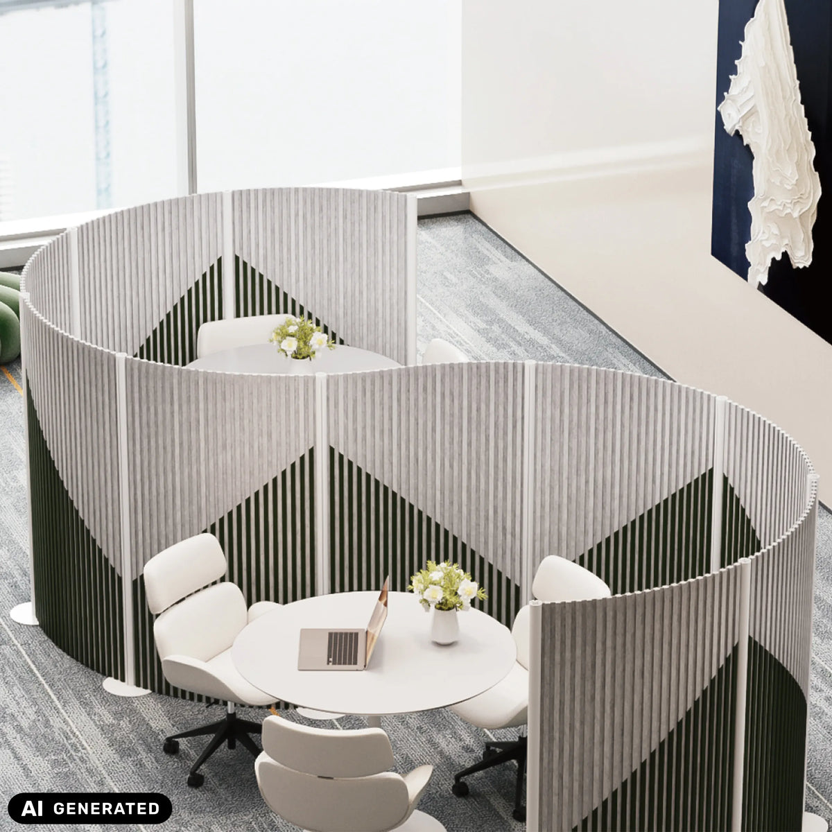 Harmaat Flexmiut Wave-väliseinät näkö- ja äänisuojalla ja geometrisella kuviolla, valmistaja hjh OFFICE (tekoälyllä luotu kuva)