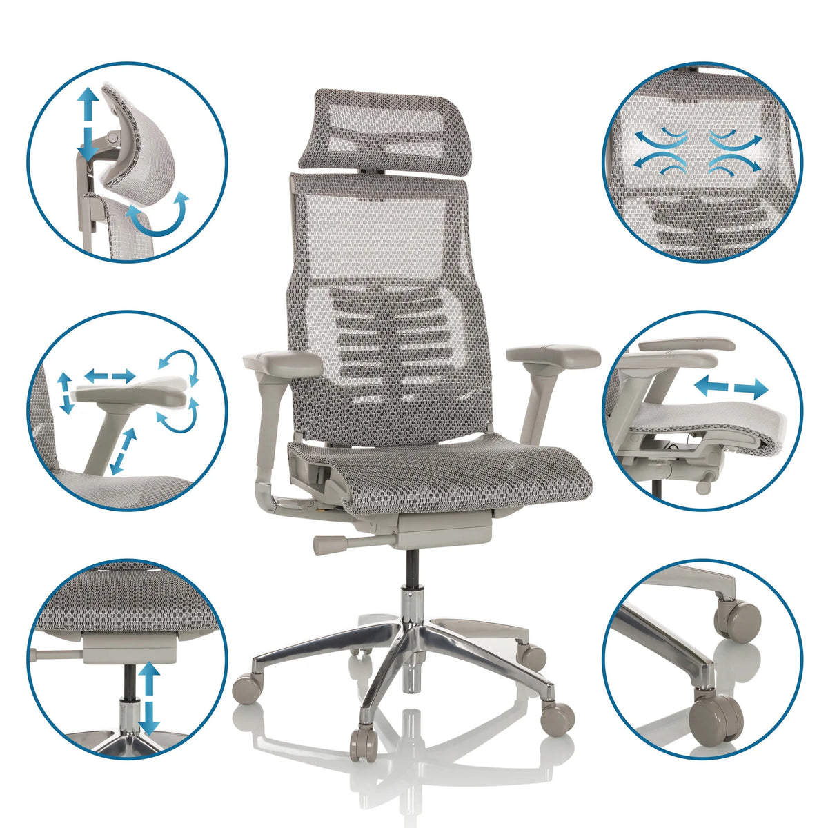 High End -toimistotuoli POFIT G GEN2 vaaleanharmaana eri säätömahdollisuuksilla, valmistaja hjh OFFICE