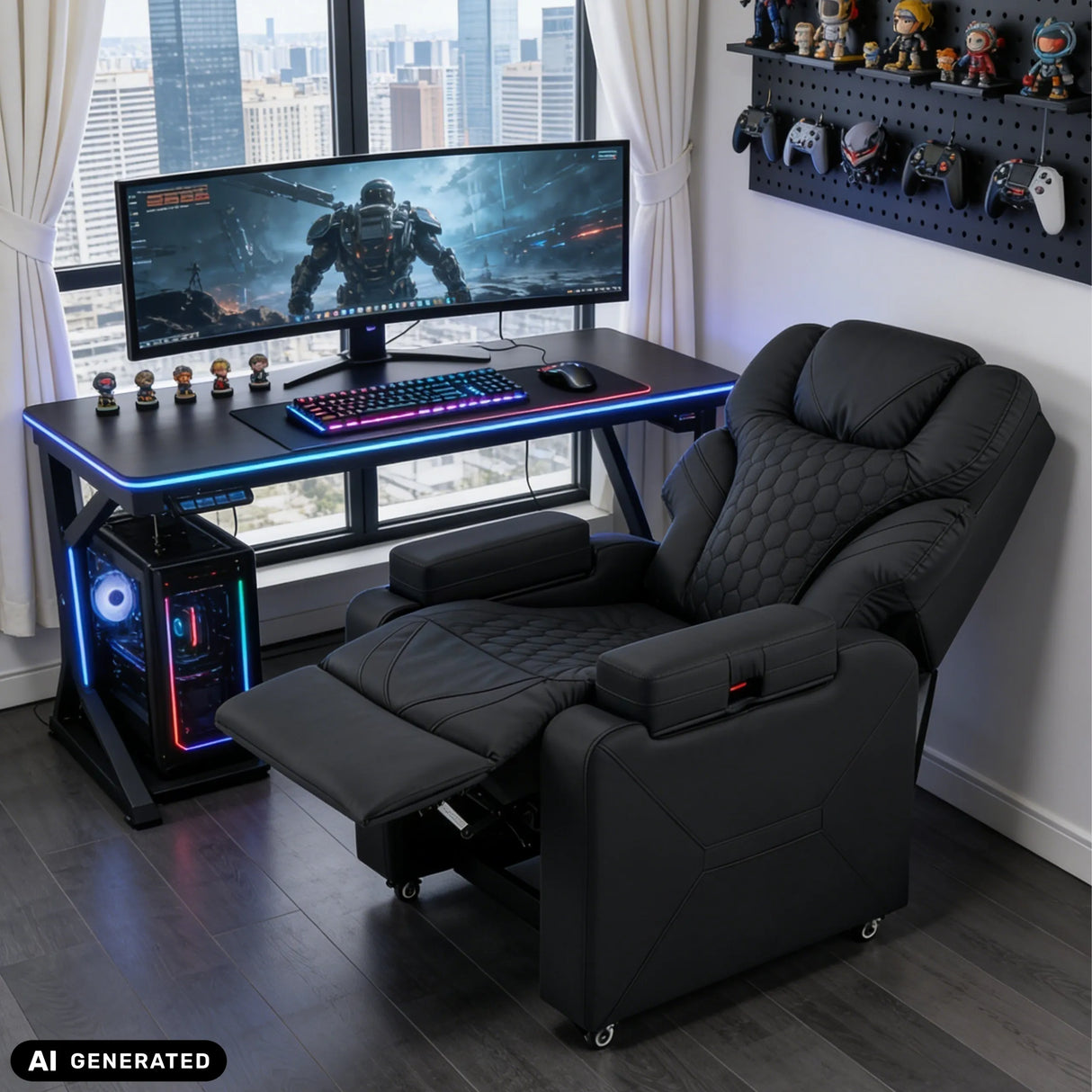 Musta Game Sport RX lepotuoli ulosvedetyllä jalkatuella gaming-pöydän edessä, valmistaja hjh OFFICE (tekoälyllä luotu kuva)