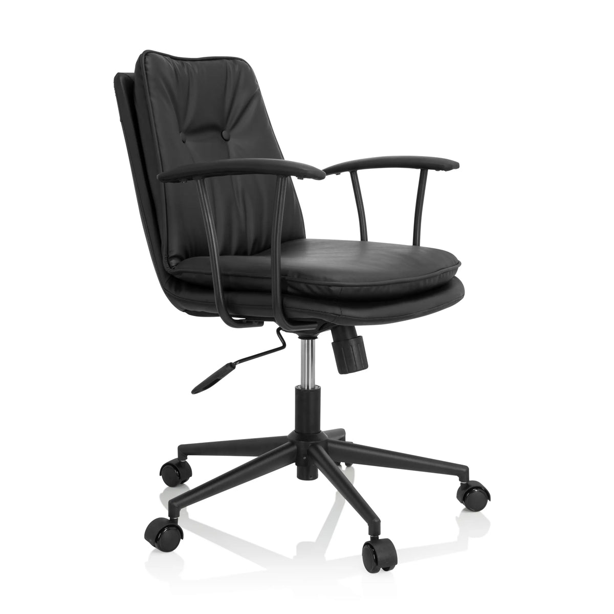 Musta Home Office -toimistotuoli SMALLO pehmusteella ja viisisakaraisella rullajalustalla, valmistaja hjh OFFICE – 360 asteen näkymä (etuviistonäkymä 60°)