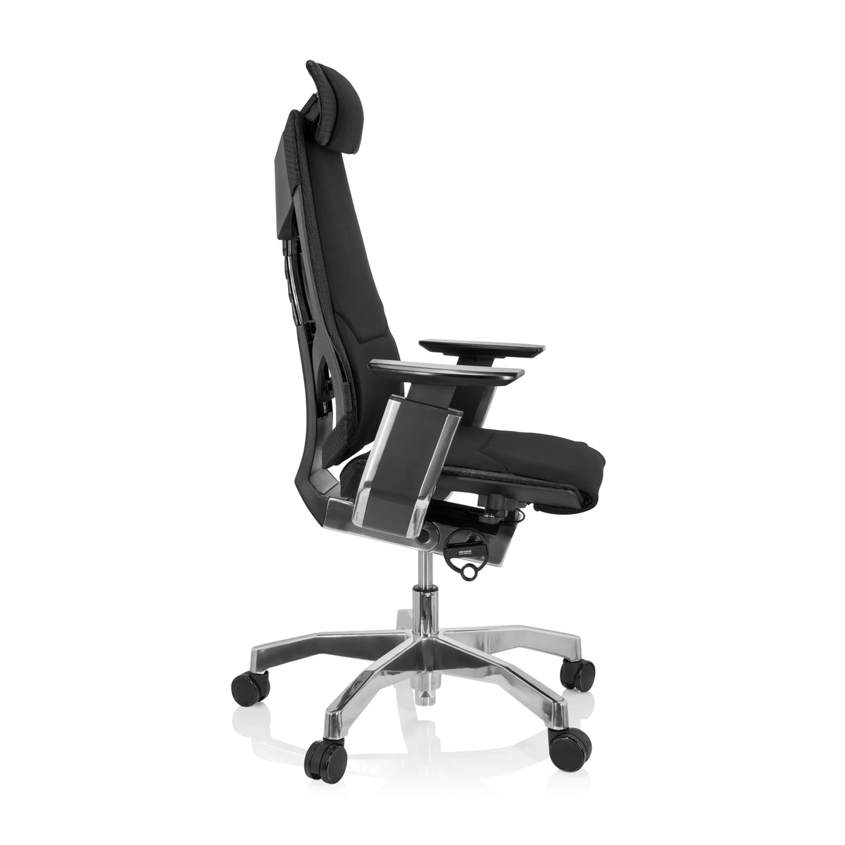 Musta High End -toimistotuoli GENIDIA PRO kangasverhoilulla ja viisisakaraisella rullajalalla, valmistaja hjh OFFICE – 360 asteen näkymä (sivuprofiili 80°)