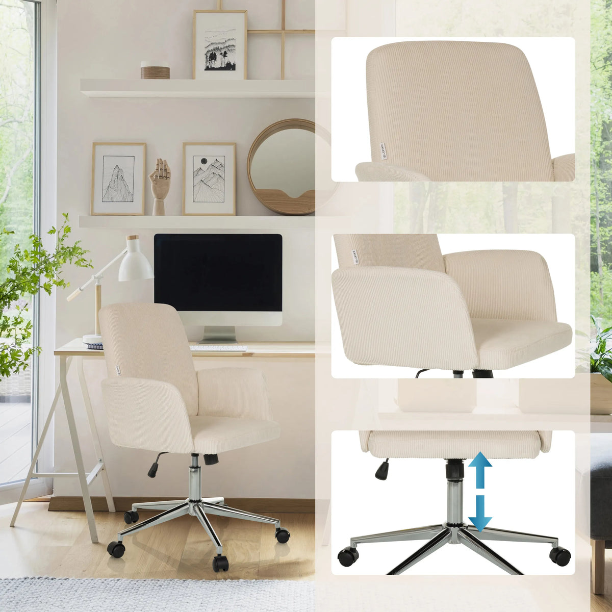 Beige SOLAO CORD Home Office -toimistotuoli, jossa on korkeussäädettävä jalkaristi ja käsinojat, valmistaja hjh OFFICE