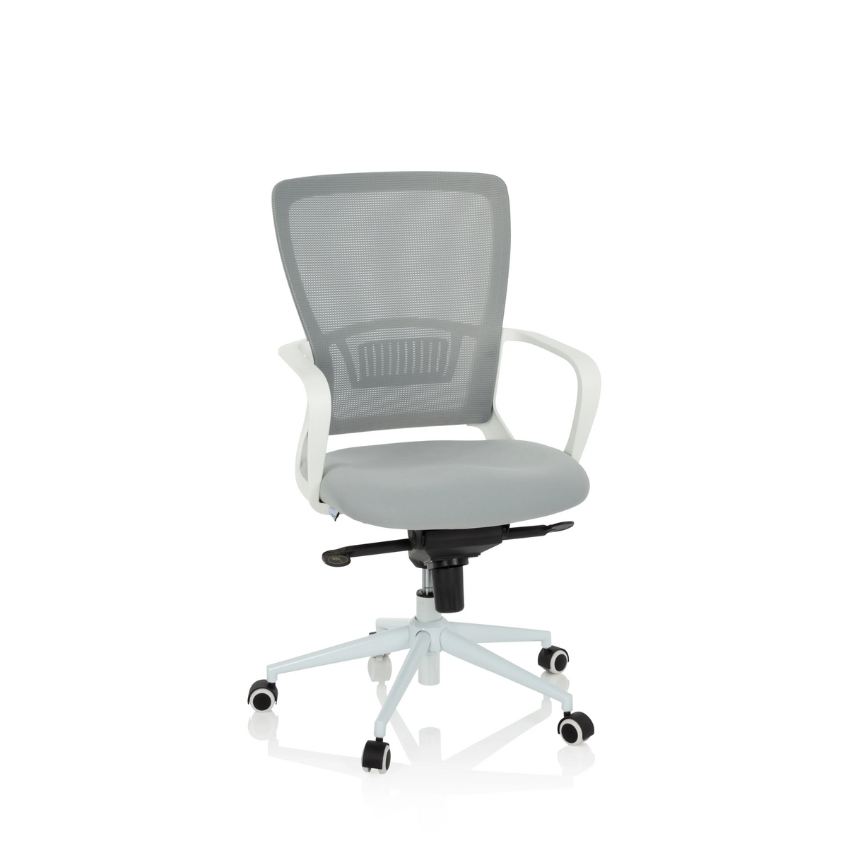 Grauer Homeoffice-Bürostuhl ESTRIA mit Netzrücken und Fußkreuz mit fünf Rollen von hjh OFFICE – 360-Grad-Ansicht (Frontansicht 20°)