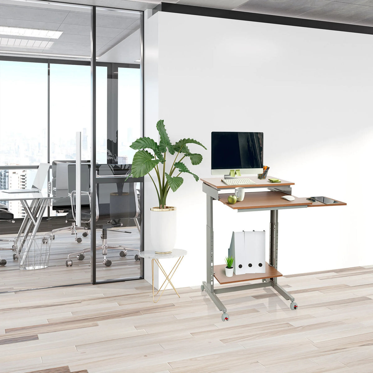 Seisomatyöpöytä WORKSTATION pyökissä ja harmaana, jossa on kaksi säilytystasoa ja pyörät, valmistaja hjh OFFICE