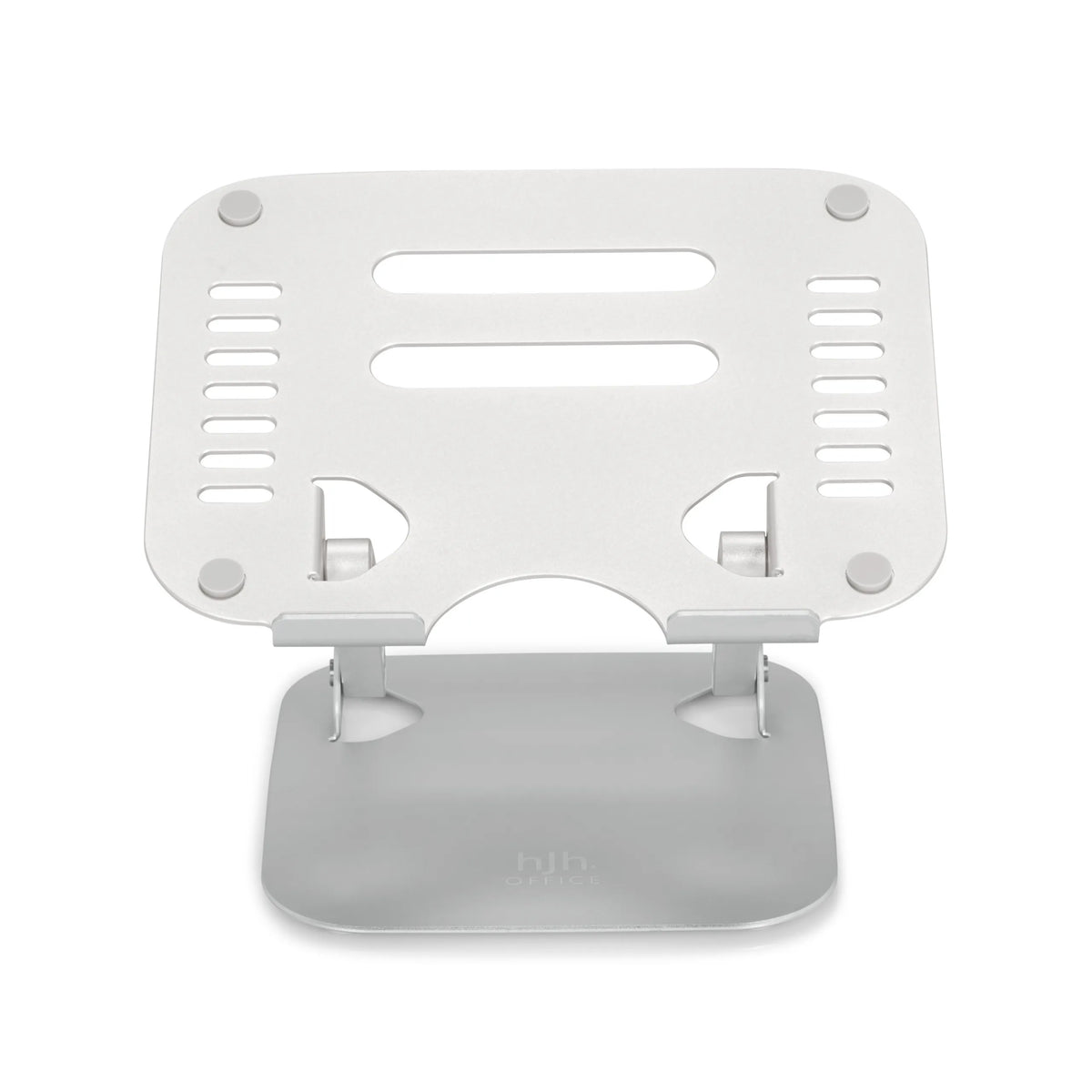 Silberne Laptopunterlage LAPTOP STAND mit perforierter Auflagefläche und Standfuß von hjh OFFICE – 360-Grad-Ansicht (Frontansicht 0°)
