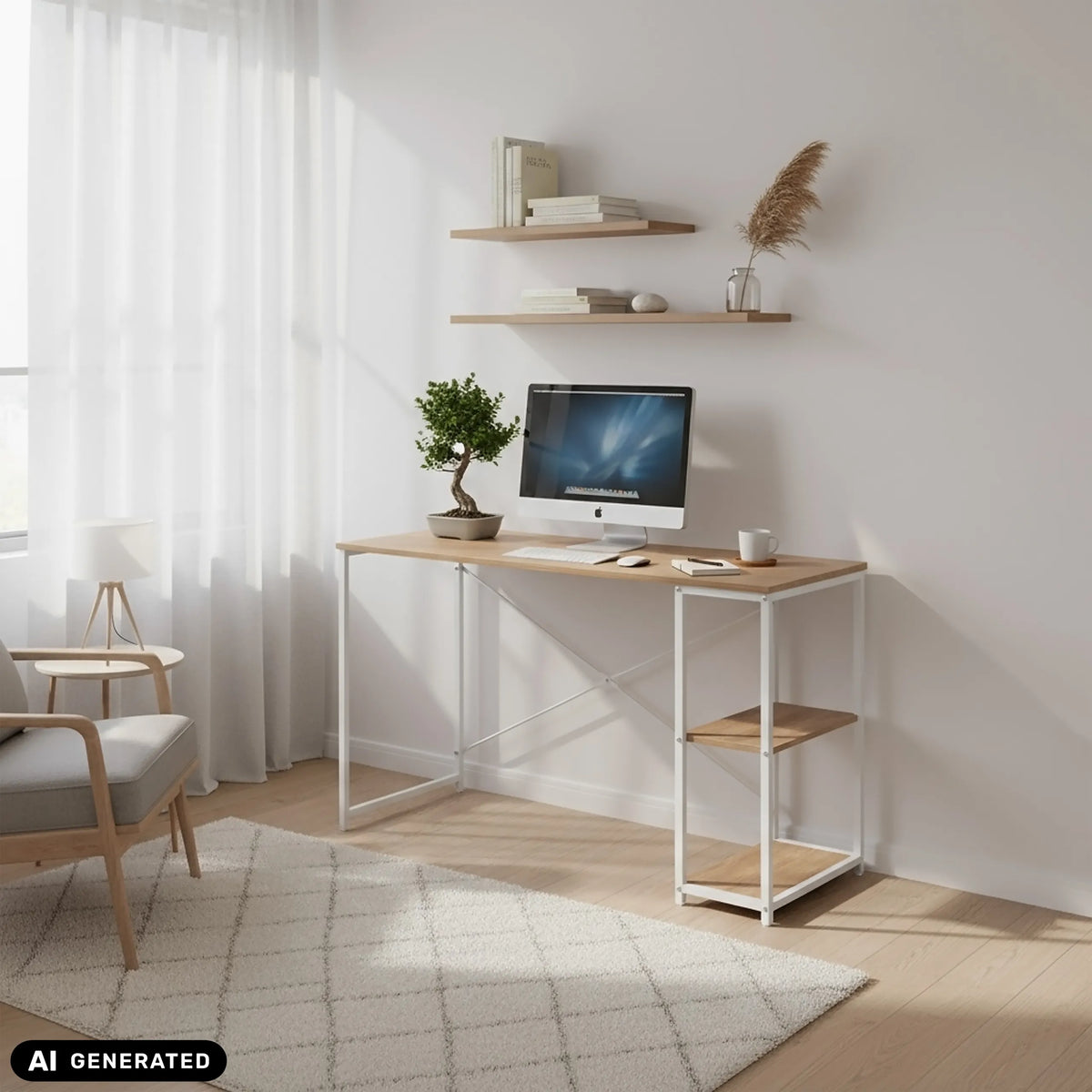 Kirjoituspöytä Easy Up2 valkoisena ja tammisena, integroidulla hyllyllä, valmistaja hjh LIVING (tekoälyllä luotu kuva)