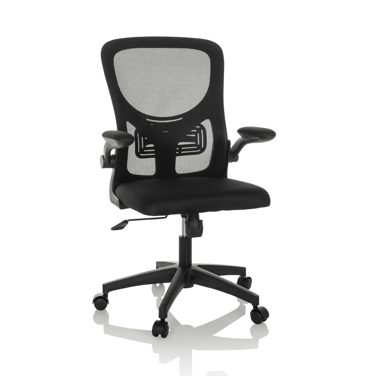 Musta Home Office -toimistotuoli BELIO verkkoselkänojalla ja viisijalkaisella rullajalustalla, valmistaja hjh OFFICE – 360 asteen näkymä (etunäkymä 15°)