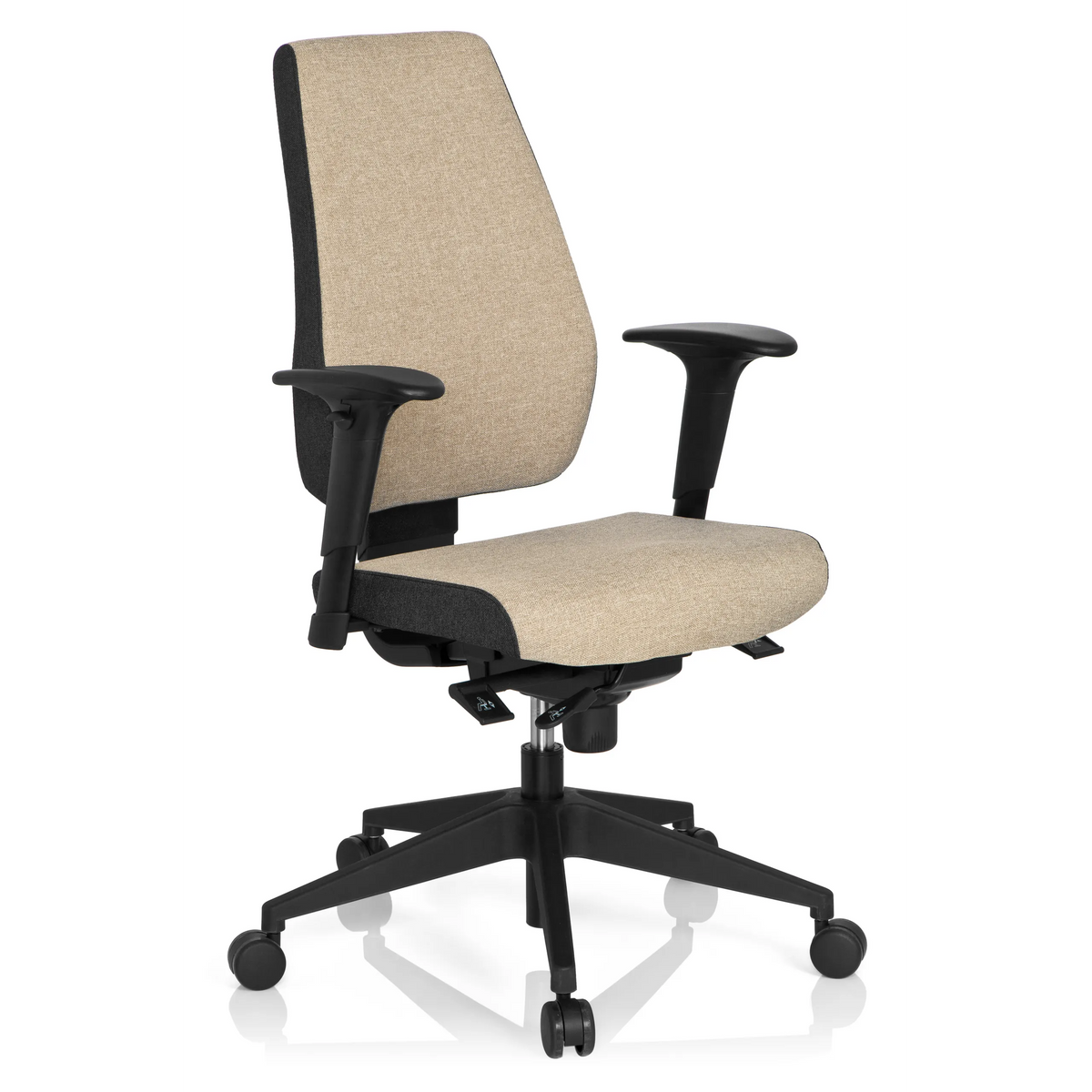 Beige Ammattitason toimistotuoli PRO-TEC 500 käsinojilla ja mustalla viisipyöräisellä jalustalla, valmistaja hjh OFFICE – 360 asteen näkymä (etuviistonäkymä 40°)
