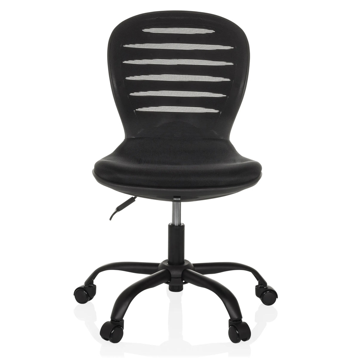 Musta Home Office -toimistotuoli CASLA verkkoselkänojalla ja viisisakaraisella rullajalustalla, valmistaja hjh OFFICE – 360 asteen näkymä (etunäkymä 0°)