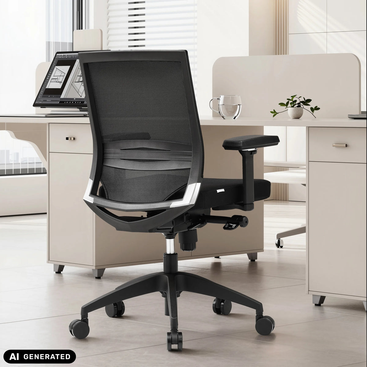 Musta ammattitason toimistotuoli PORTO BASE verkkoselkänojalla ja käsinojilla, valmistaja hjh OFFICE (tekoälyllä luotu kuva)