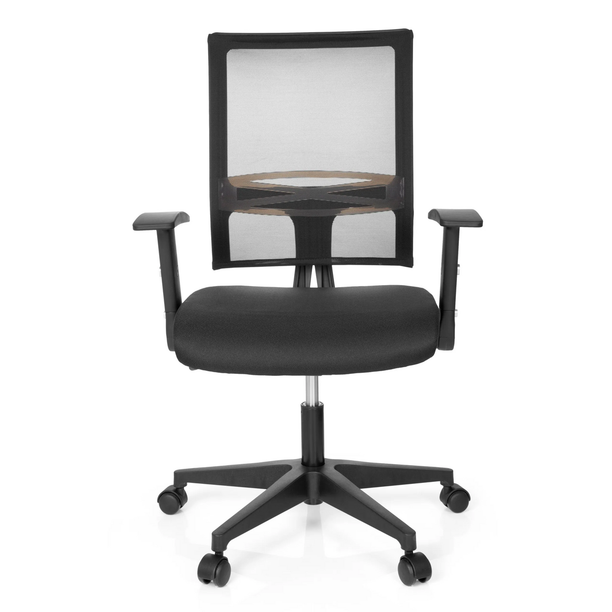 Musta Home Office -toimistotuoli OFFICE R8 verkkoselkänojalla ja viisisakaraisella jalustalla, valmistaja hjh OFFICE – 360 asteen näkymä (etunäkymä 0°)