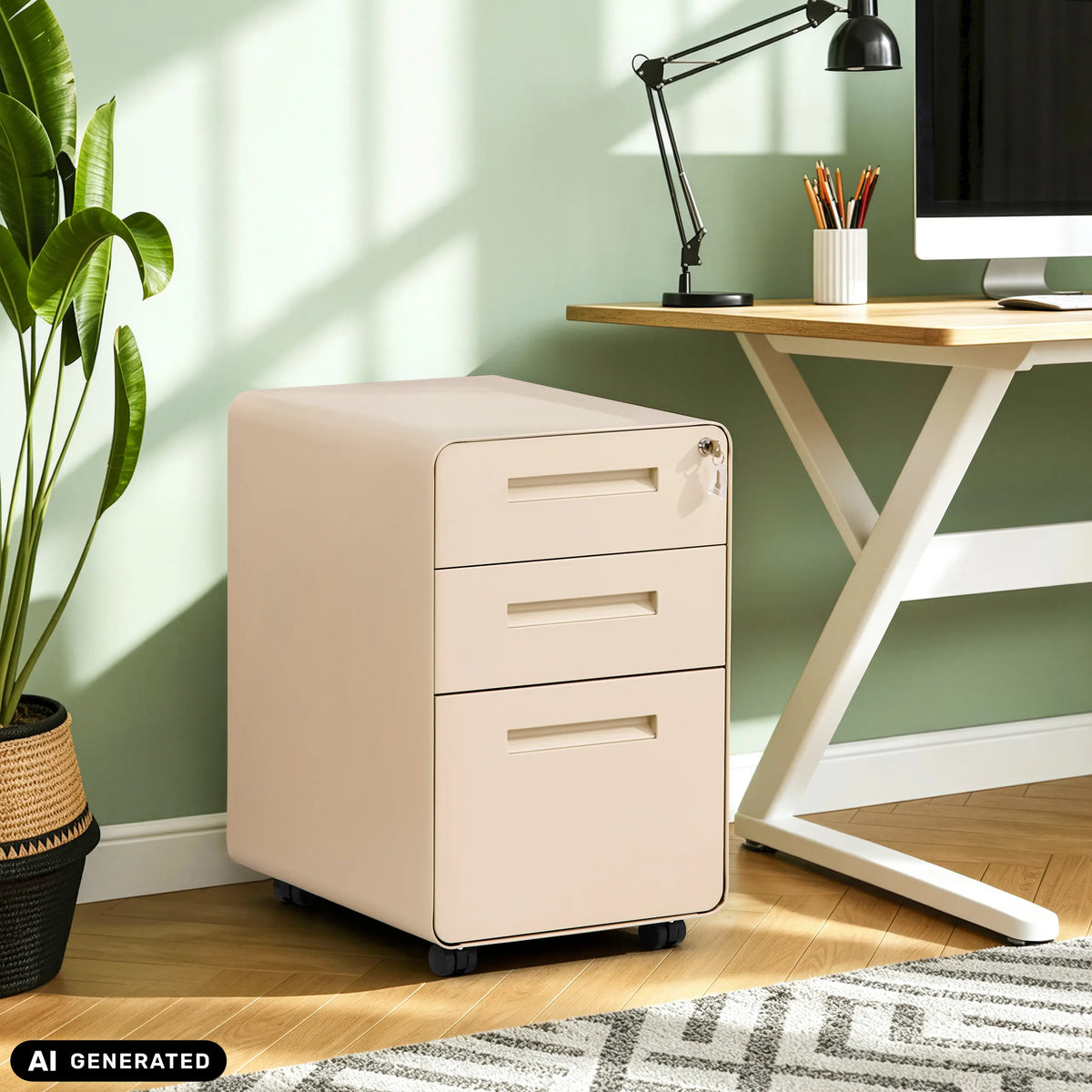Beige COLOR PLUS I-rullalaatikosto metallia, kolme laatikkoa ja pyörät, valmistaja hjh OFFICE (tekoälyllä luotu kuva)