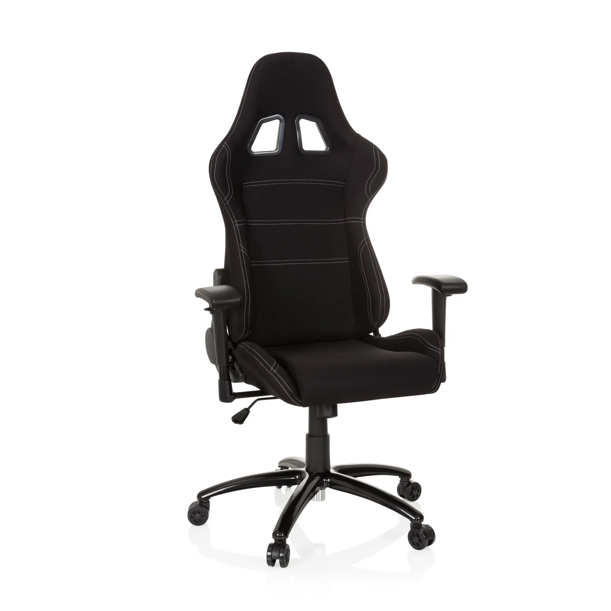 Musta Pelituoli GAME FORCE niskatuella, käsinojilla ja viisipisteisellä rullajalustalla, valmistaja hjh OFFICE – 360 asteen näkymä (etunäkymä 20°)