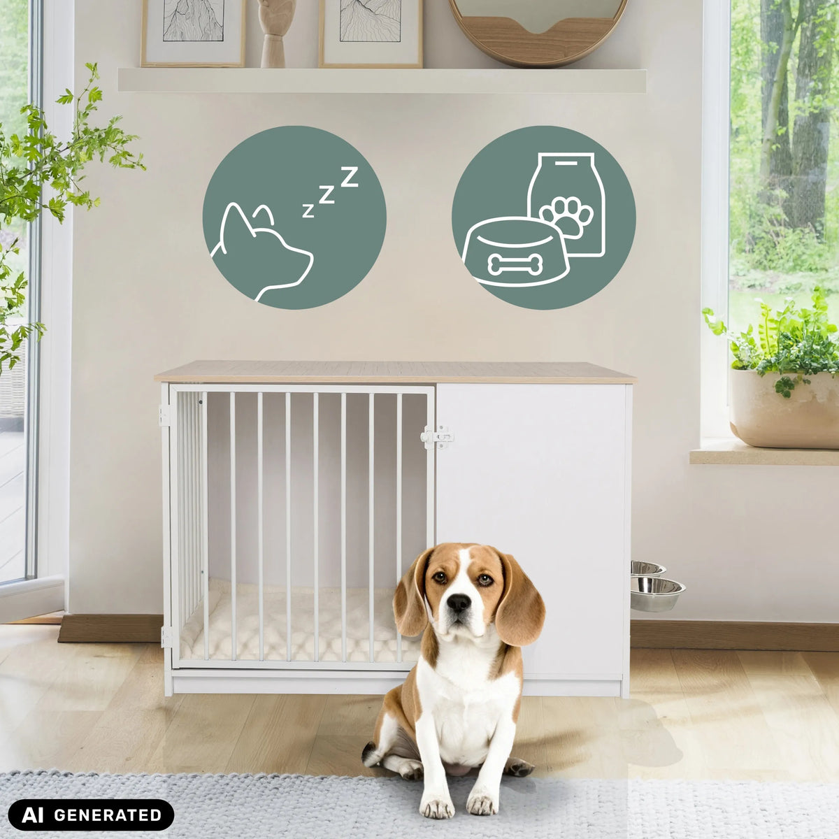 Valkoinen PAWHOME XL-koiran kuljetushäkki tammen värisenä, jossa on integroitu koiranpeti ja beagle, valmistaja hjh LIVING (tekoälyllä luotu kuva)