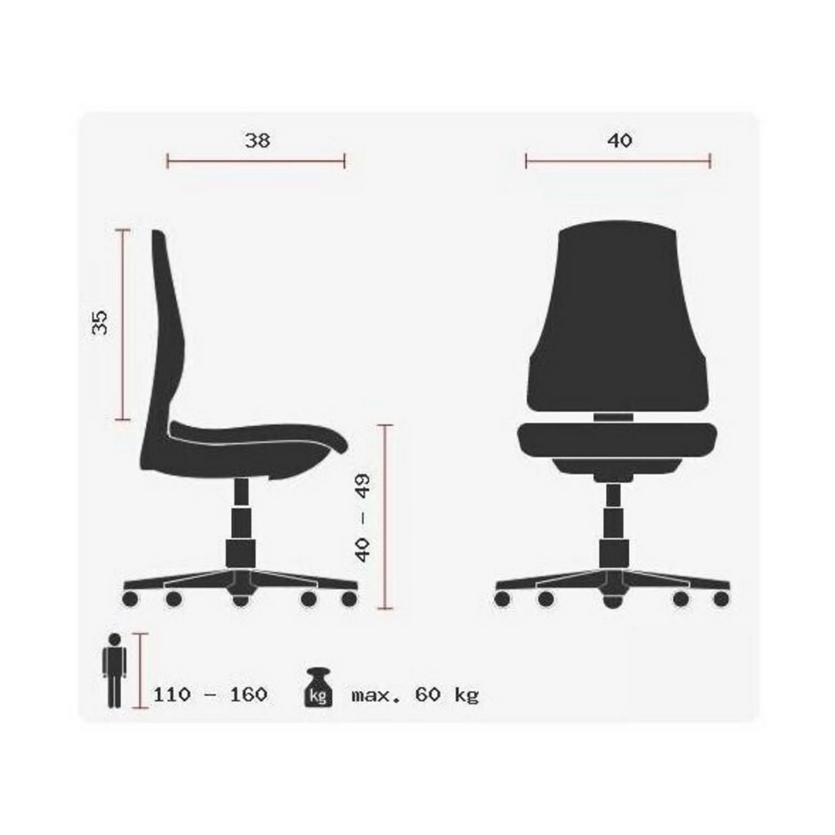 Technische Zeichnung des Kinderdrehstuhls MAXX KID mit einer Sitzhöhe von 40 bis 49 cm von Topstar