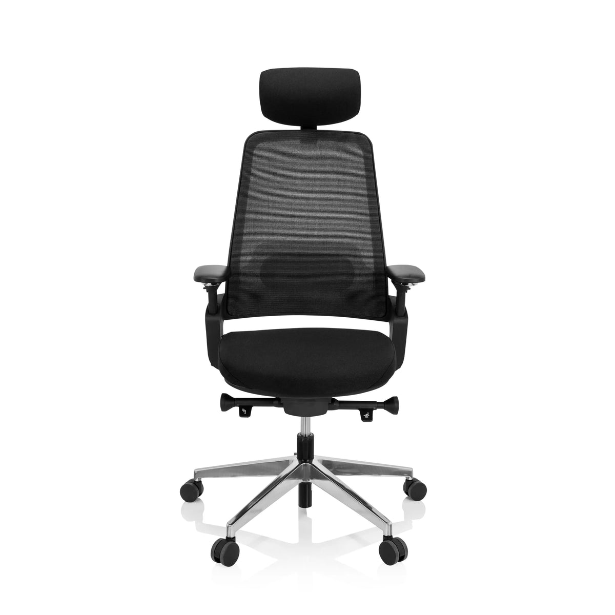 Musta Ammattitason toimistotuoli BRACIO verkkoselkänojan, niskatuen ja viisipyöräisen jalan kera, valmistaja hjh OFFICE – 360 asteen näkymä (etunäkymä 0°)