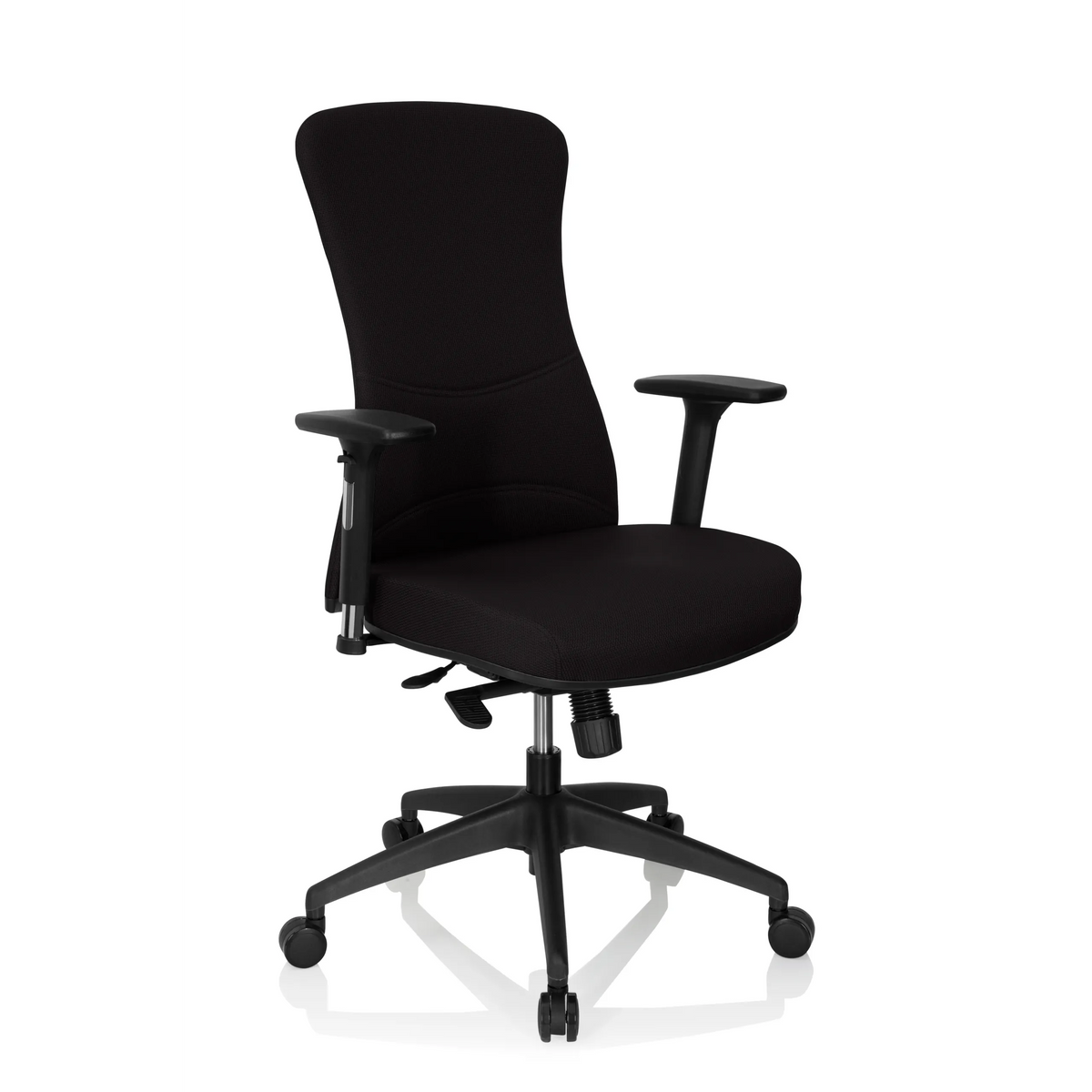 Musta Ammattitason toimistotuoli OFFICE XT PRO käsinojilla ja viisipisteisellä rulla-alustalla, valmistaja hjh OFFICE – 360 asteen näkymä (etuviistonäkymä 40°)