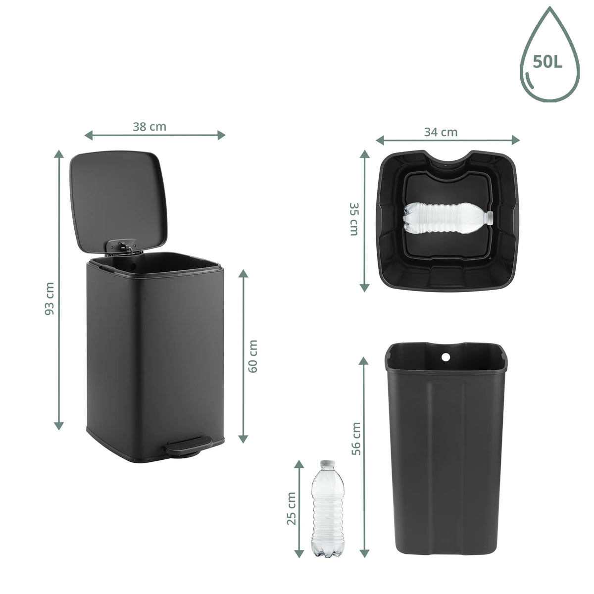 Roskakori Clean Step 3 mitattimet, tilavuus 50 l ja korkeus 93 cm, valmistaja hjh OFFICE