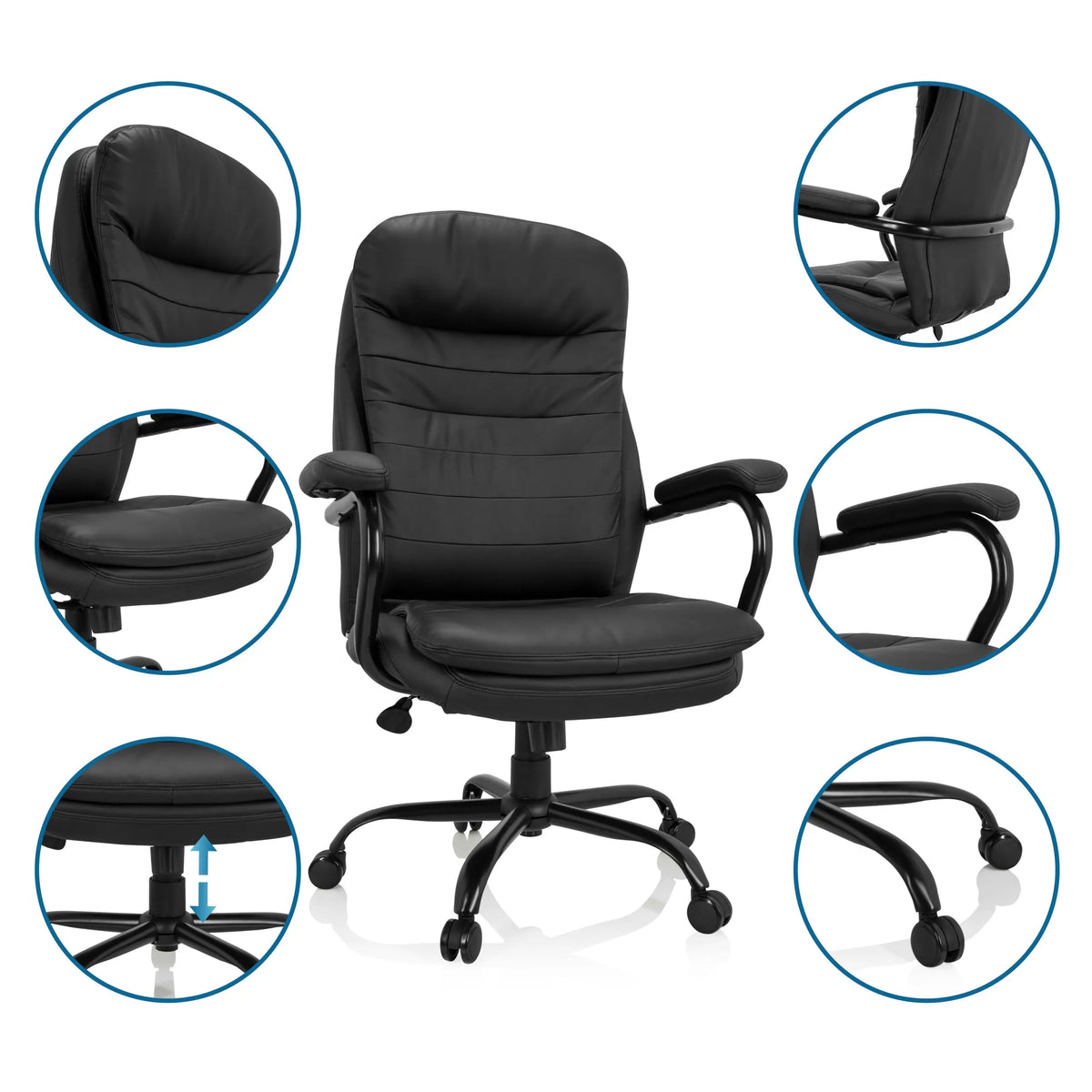 Musta pyörivä tuoli RELAX XXL B keinonahasta, yksityiskohtakuvia käsinojista ja jalustasta, valmistaja hjh OFFICE