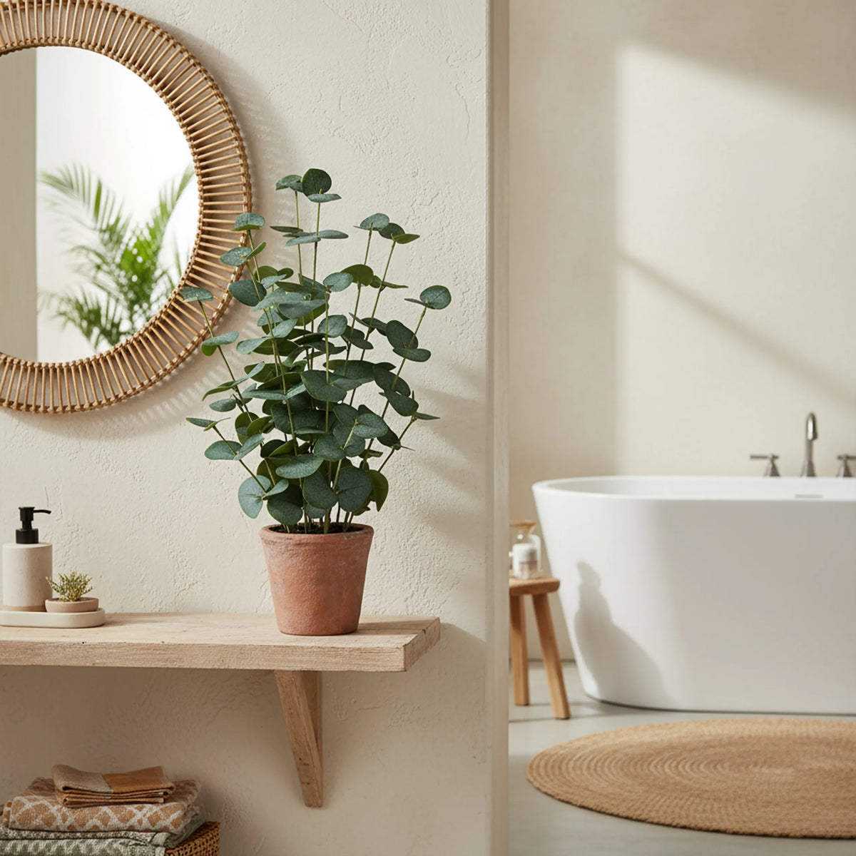 Vihreä tekokasvi Eucalyptus terrakotanvärisessä ruukussa puisellä hyllyllä, valmistaja hjh OFFICE