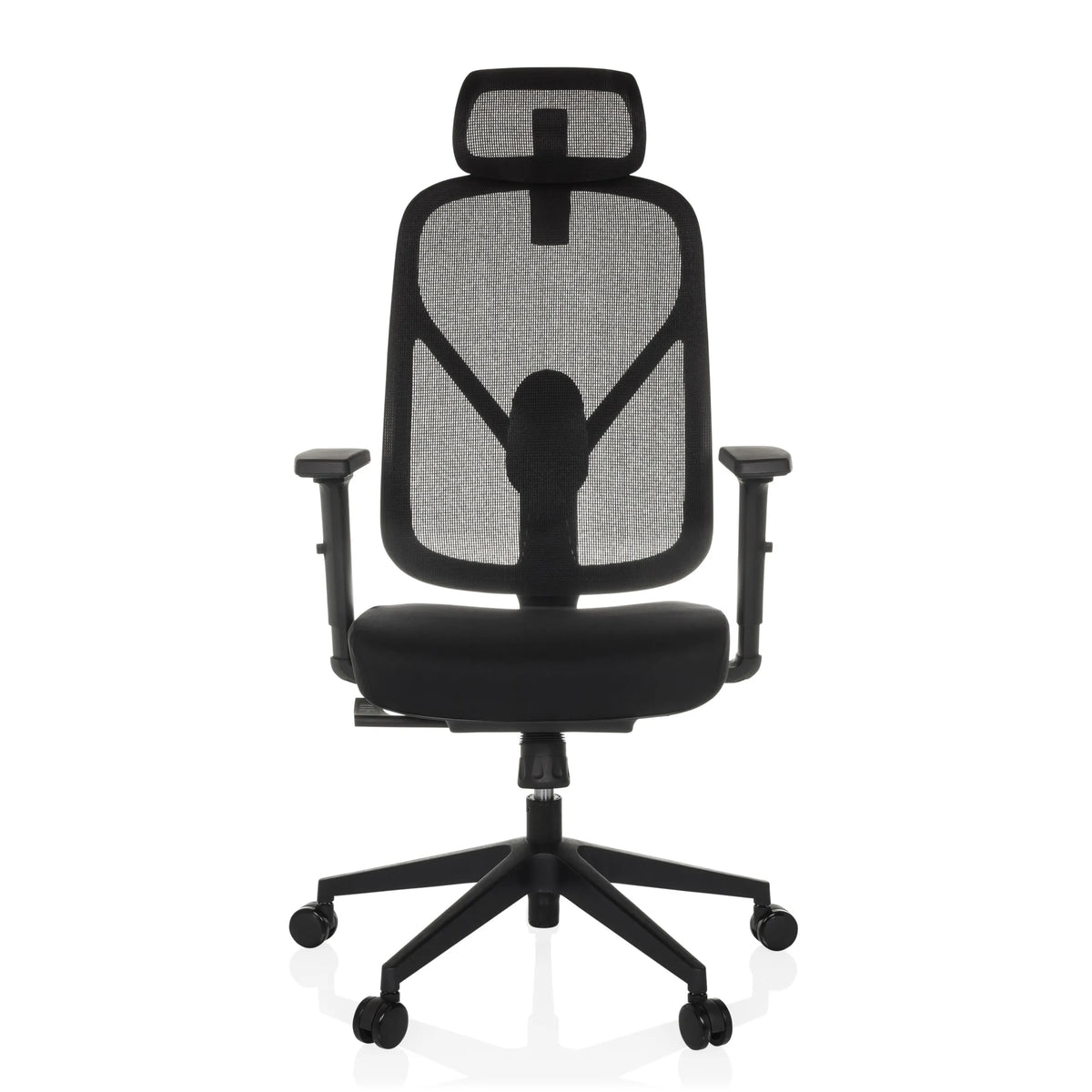 Musta Ammattitason toimistotuoli RALOO ECO verkkoselkänojalla ja viisijalkaisella pyöräalustalla, valmistaja hjh OFFICE – 360 asteen näkymä (etunäkymä 0°)