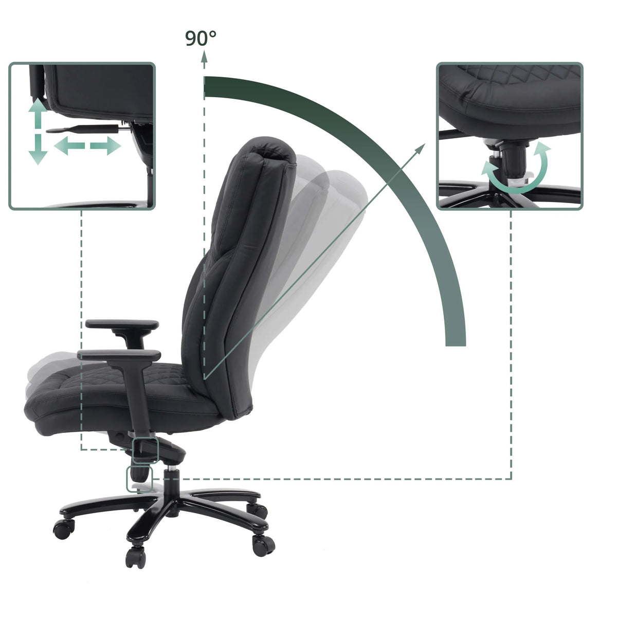 XXL Pullmann Gen2-pyörivän tuolin säädettävä selkänoja 90 asteeseen ja käsinojat, valmistaja hjh OFFICE