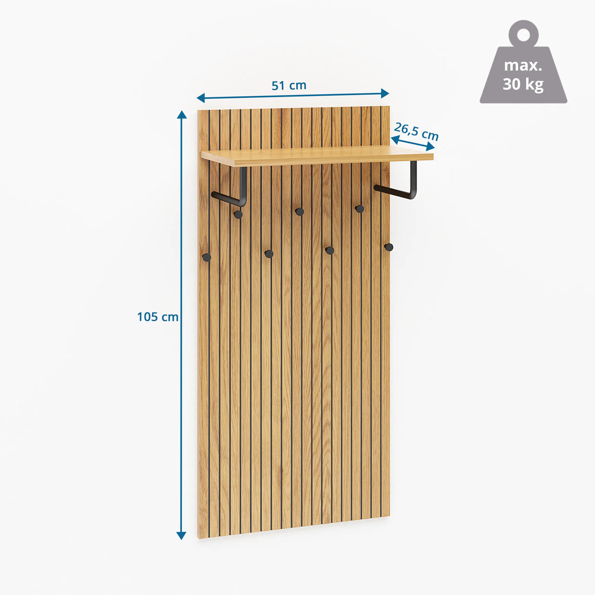 Seinänaulakko LINNO SPACE mitat 105 × 51 cm ja kantavuus 30 kg, valmistaja hjh LIVING