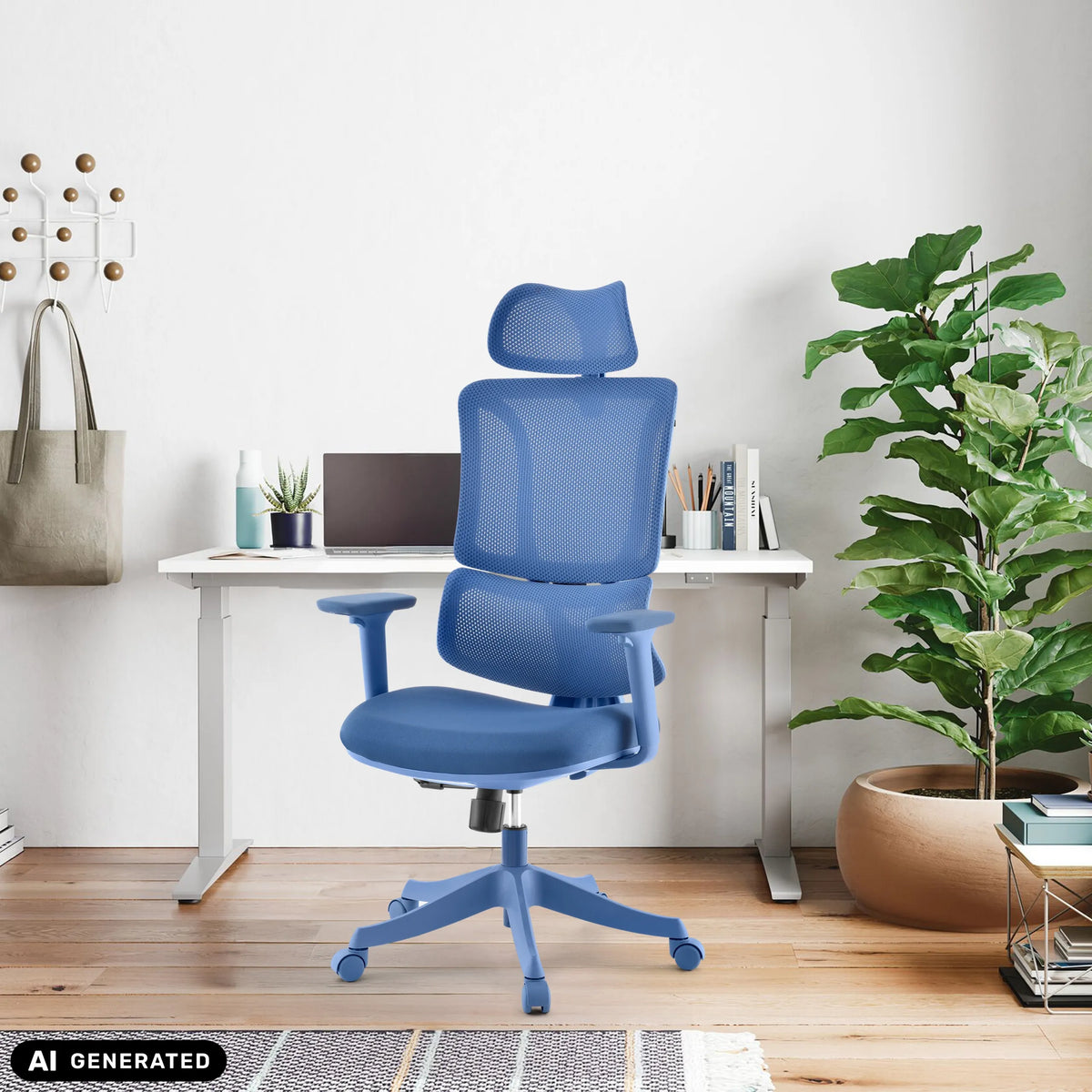 Sininen Ergomy Colore Home Office -toimistotuoli, jossa on verkkoselkänoja ja niskatuki, valmistaja MyBuero (tekoälyllä luotu kuva)