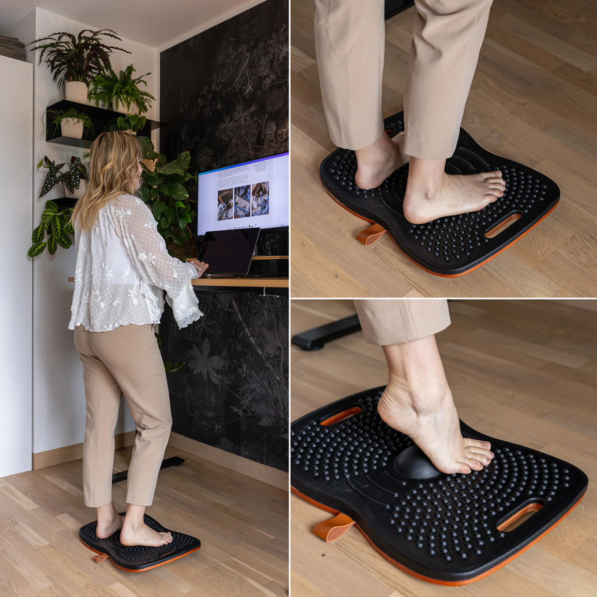 Musta ACTIV tasapainolauta, jossa on nappirakenne ja oranssi reuna, käytössä seisomapöydän ääressä, valmistaja hjh OFFICE