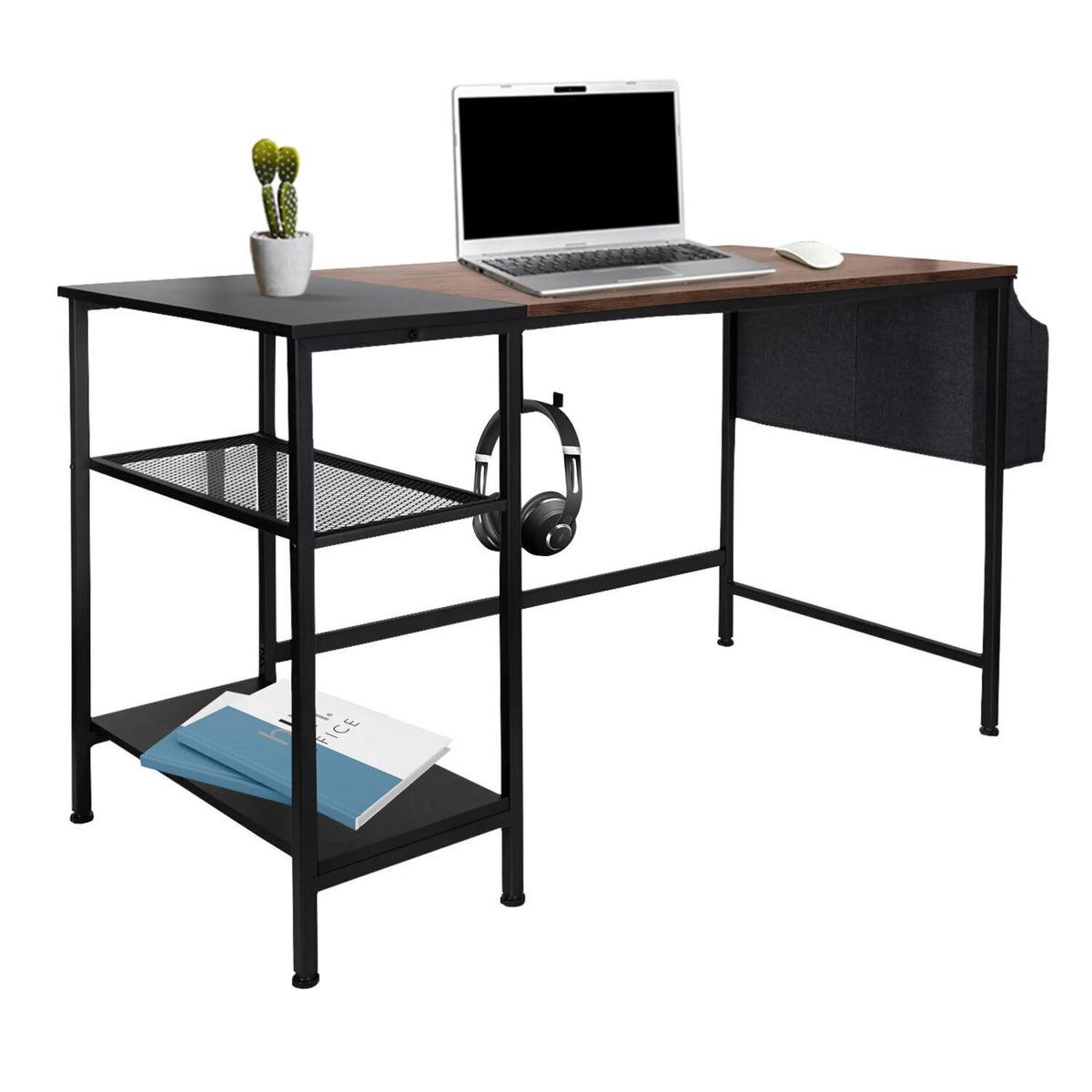 Kirjoituspöytä WORKSPACE H I mustana ja ruskeana, jossa on kaksi hyllyä ja sivutasku, valmistaja hjh OFFICE