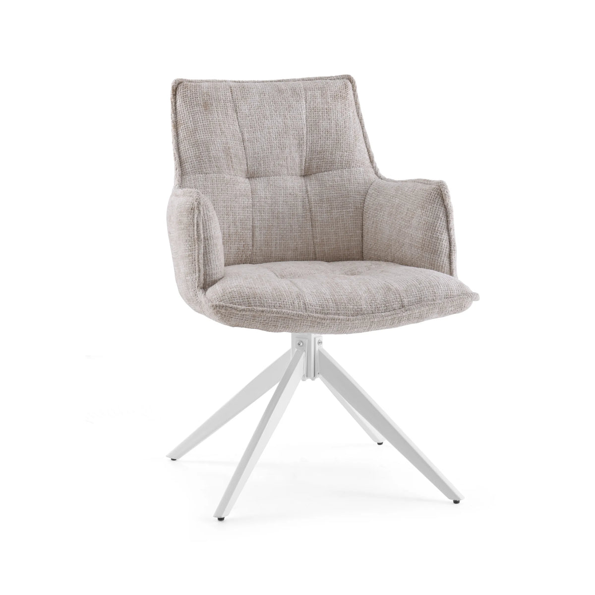Beiger Esszimmerstuhl Tavaro mit Polsterung und weißem Vierfußgestell von hjh LIVING – 360-Grad-Ansicht (Frontansicht 15°)