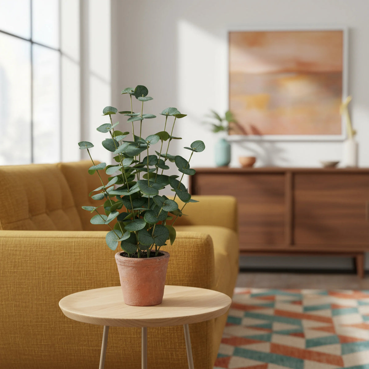 Vihreä Tekokasvi Eucalyptus terrakotanvärisessä ruukussa sivupöydällä, valmistaja hjh OFFICE