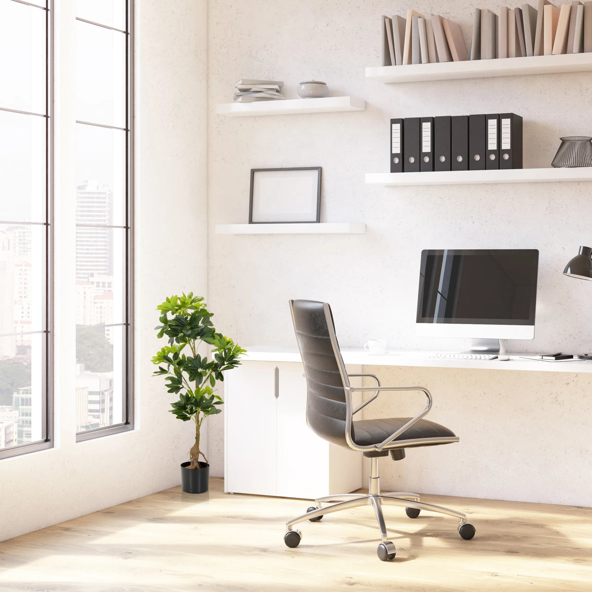 Tekokasvi SCHEFFLERA vihreänä mustassa ruukussa työpöydän vieressä, valmistaja hjh OFFICE