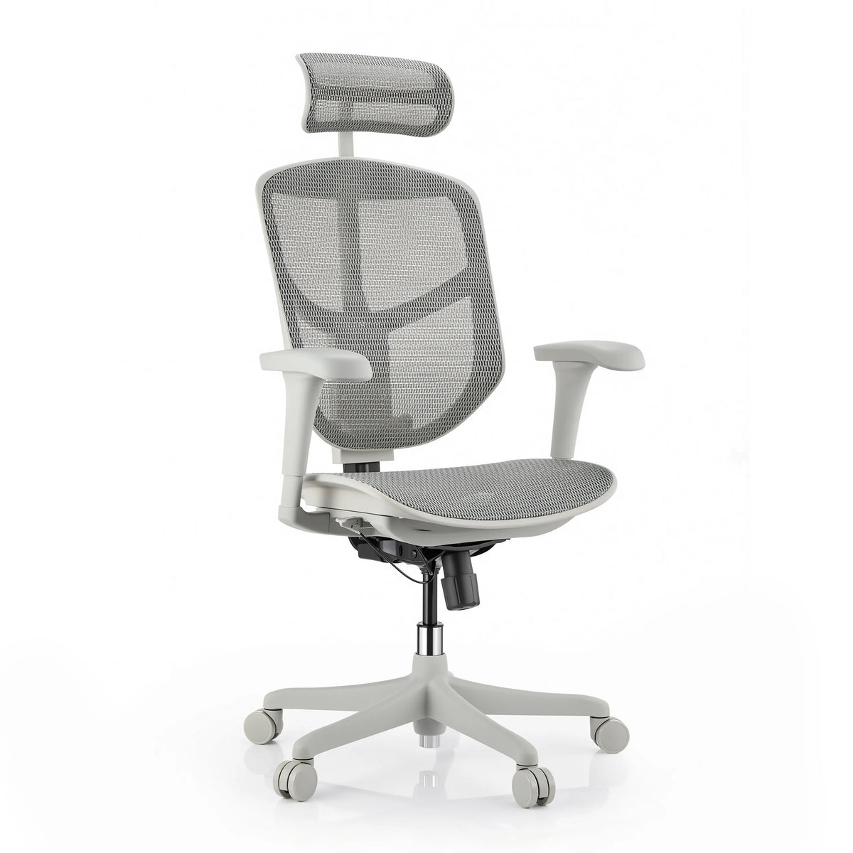 Enjoy Eco MB-toimistotuoli harmaana verkkoverhoilulla, niskatuella ja viidellä pyörällä, valmistaja hjh OFFICE
