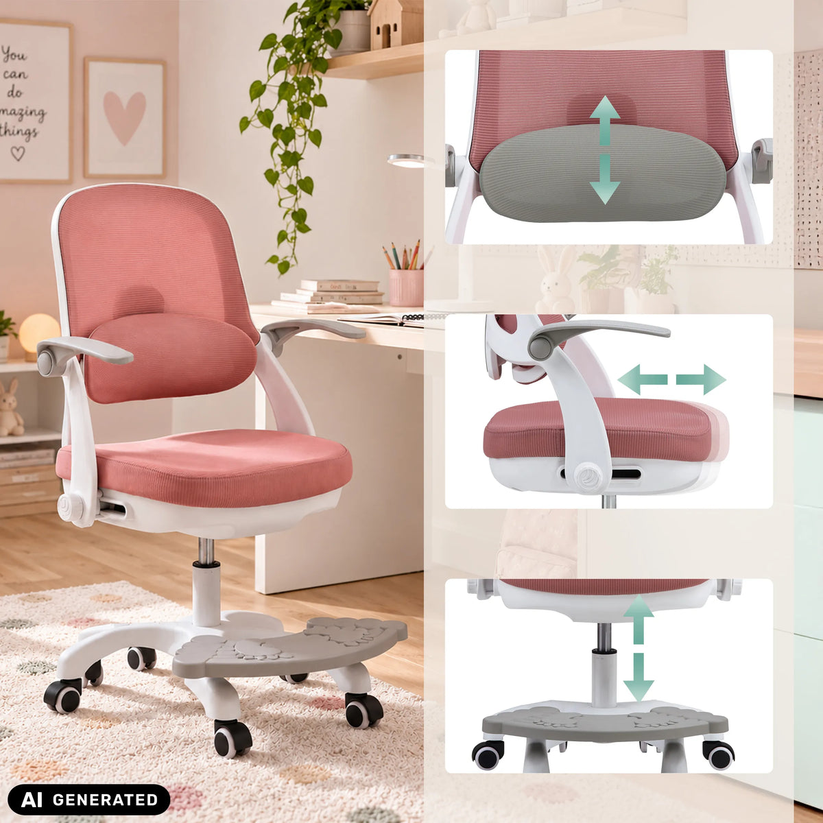 Kiddy Smart Step-lasten pyörivän tuolin säädettävä selkänoja, käsinoja ja istuinkorkeus, valmistaja hjh OFFICE (tekoälyllä luotu kuva)