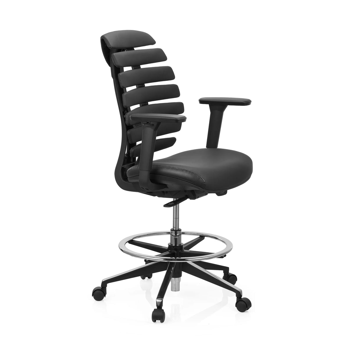 Schwarzer Counterstuhl ERGO LINE II WORK aus Leder mit Fußring und Fußkreuz mit fünf Rollen von hjh OFFICE – 360-Grad-Ansicht (Seitenprofil 80°)