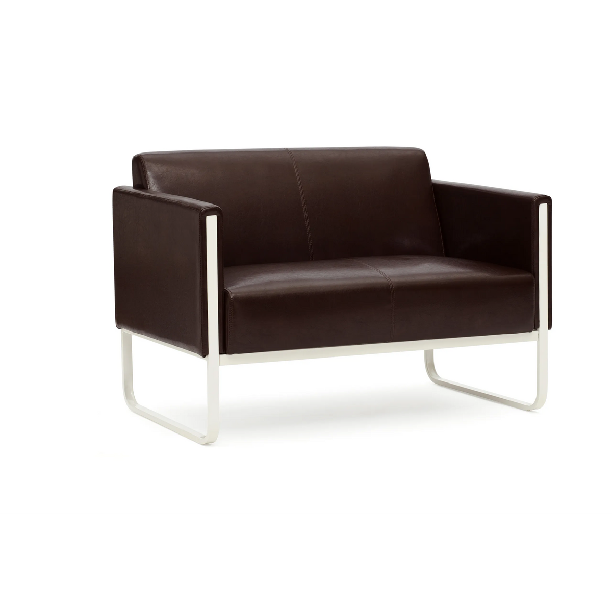 Ruskea leposohva ARUBA kaksipaikkaisena hopeisella metallirungolla, valmistaja hjh OFFICE – 360 asteen näkymä (takanäkymä 180°)