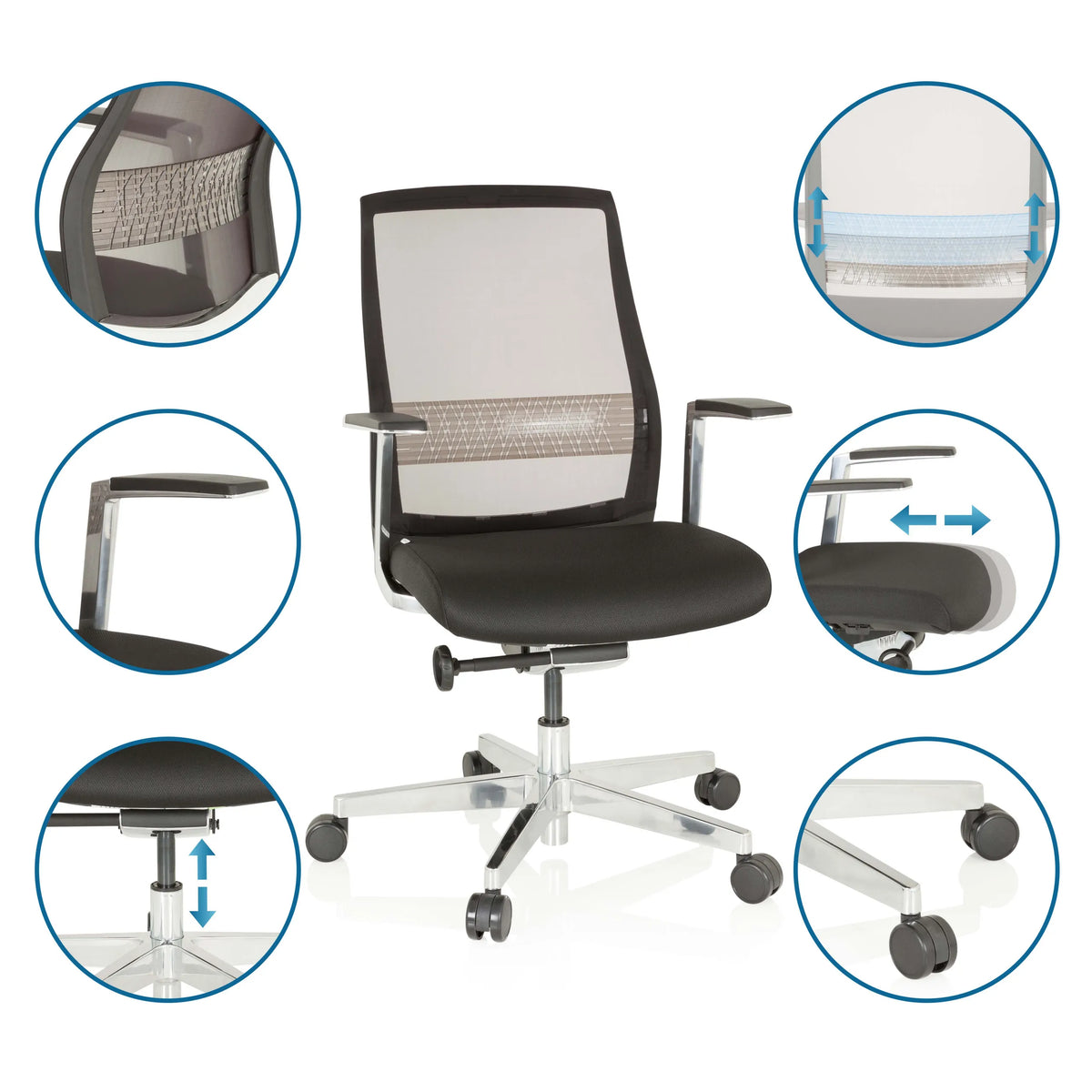 High End -toimistotuoli FOUNTAINE PRO mustana, yksityiskohtaiset kuvat säädöistä ja materiaaleista, valmistaja hjh OFFICE