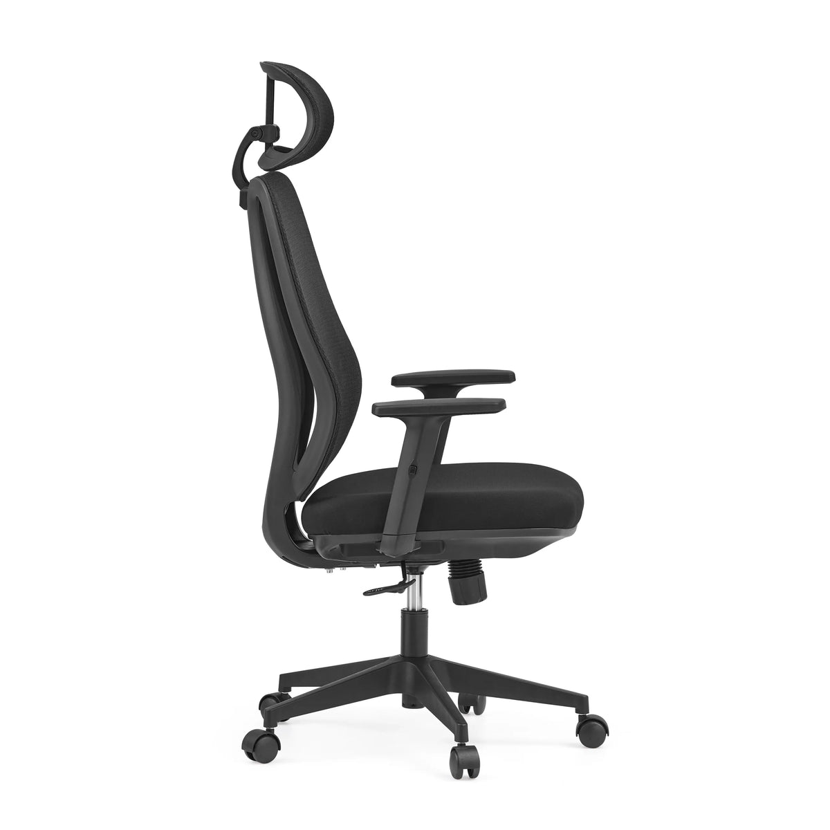 Musta ammattitason toimistotuoli Filaro, jossa on verkkoselkänoja, niskatuki ja viisipuolainen ristikko pyörillä, valmistaja hjh OFFICE – 360 asteen näkymä (sivuprofiili 90°)
