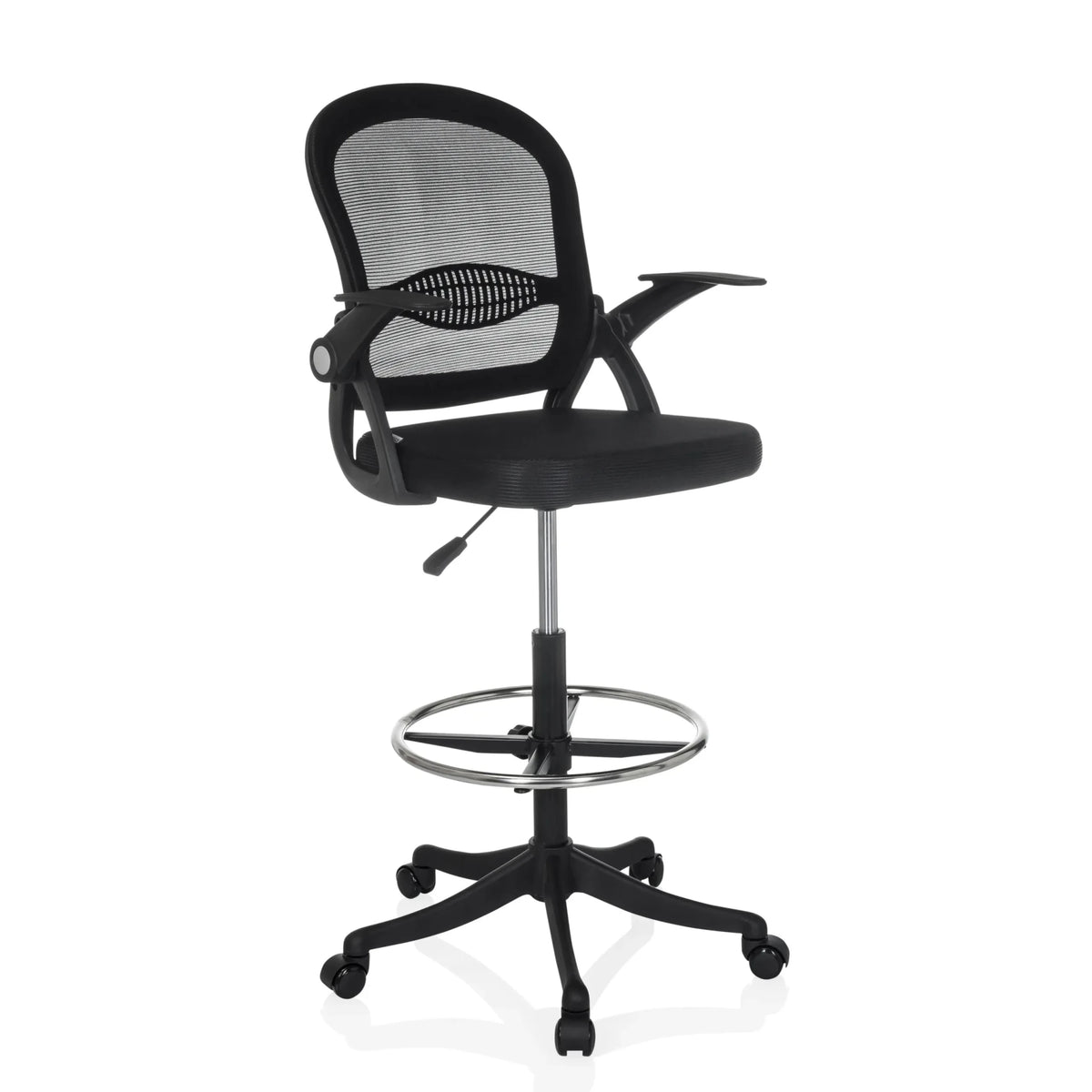 Musta Korkea työtuoli Naluro Work verkkoselkänojalla, jalkarenkaalla ja pyörillä, valmistaja hjh OFFICE