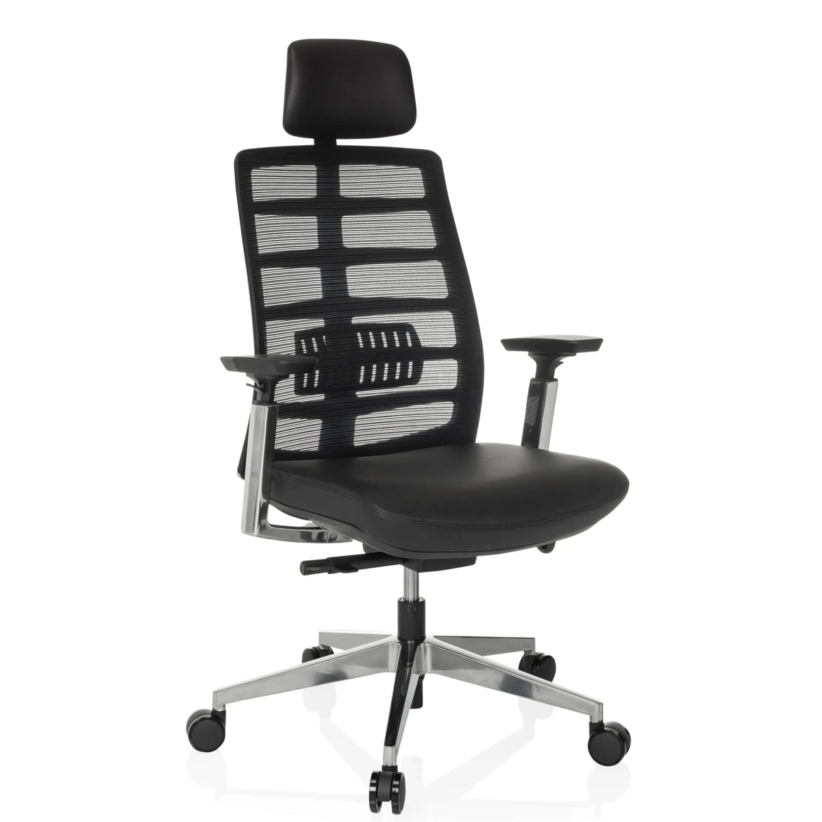 High End -toimistotuoli SPINIO ELITE L, jossa on musta verkkokangas ja nahkaistuin, valmistaja hjh OFFICE