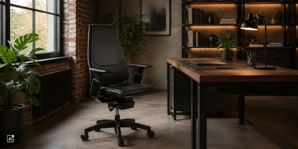 Ein schwarzer Chefsessel aus Leder steht in einem modernen Büro im Industrial-Stil